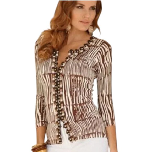 Boston Proper Beaded Brown White Animal Print Cardigan - Picture 2 of 13